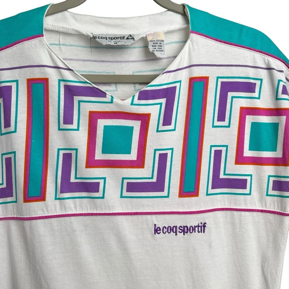 Vintage Le Coq Sportif Size Medium Geometric 80s T Shirt Top Tennis Athletic - Picture 2 of 11